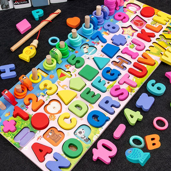 Wooden  Educational Toys For Children. shapes, alphabet, numbers with colour match board